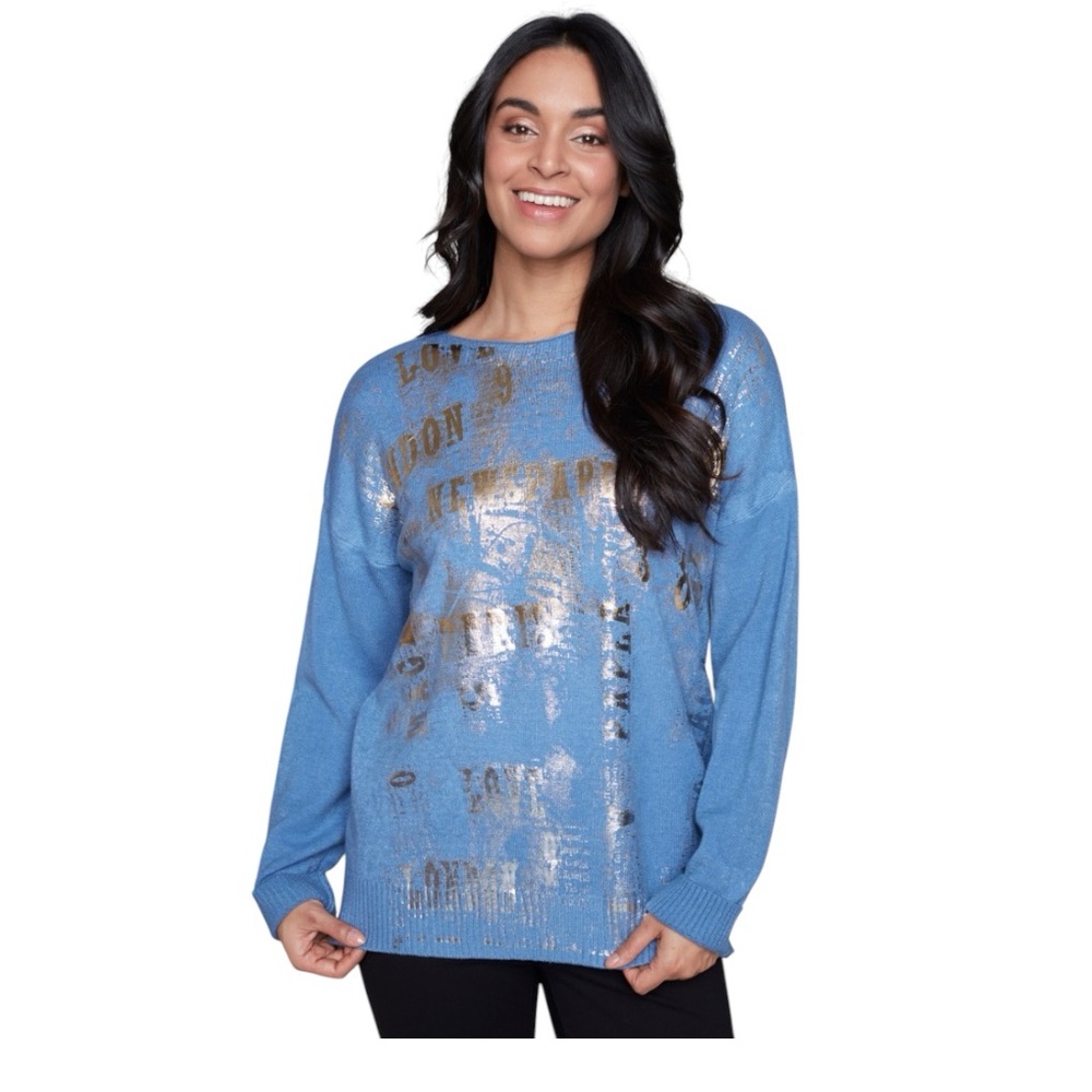 Carre Noir NWT Blue Gold Foil 'Paris' Viscose Knit Sweater Oversized Medium